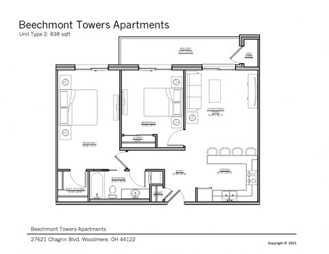 Floor plan for 2 beds, 1 bath, 838 sqft